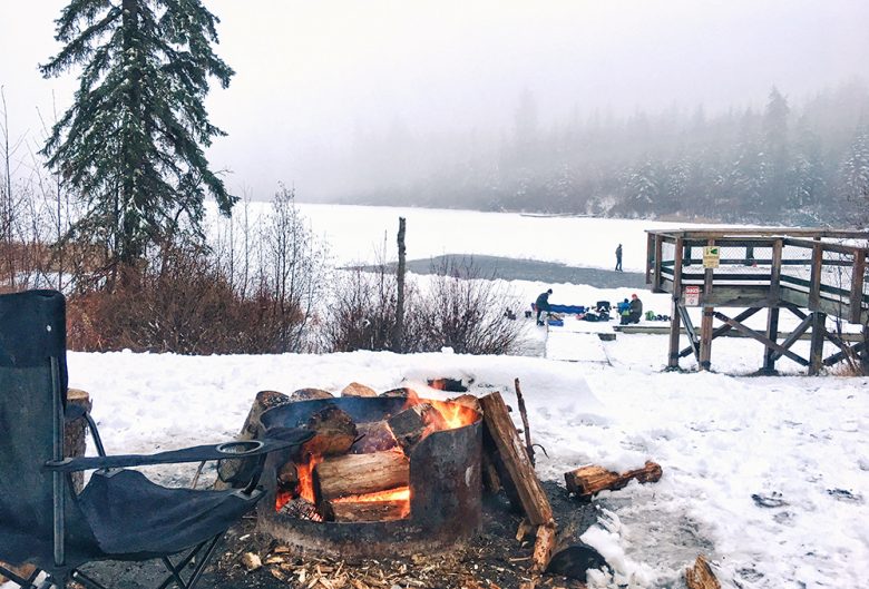 Having a campfire at Shane Lake