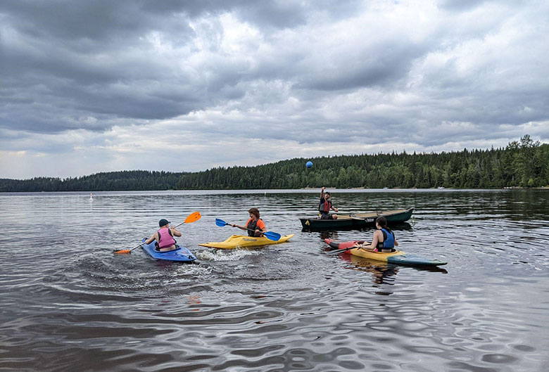 people kayaking on a lake